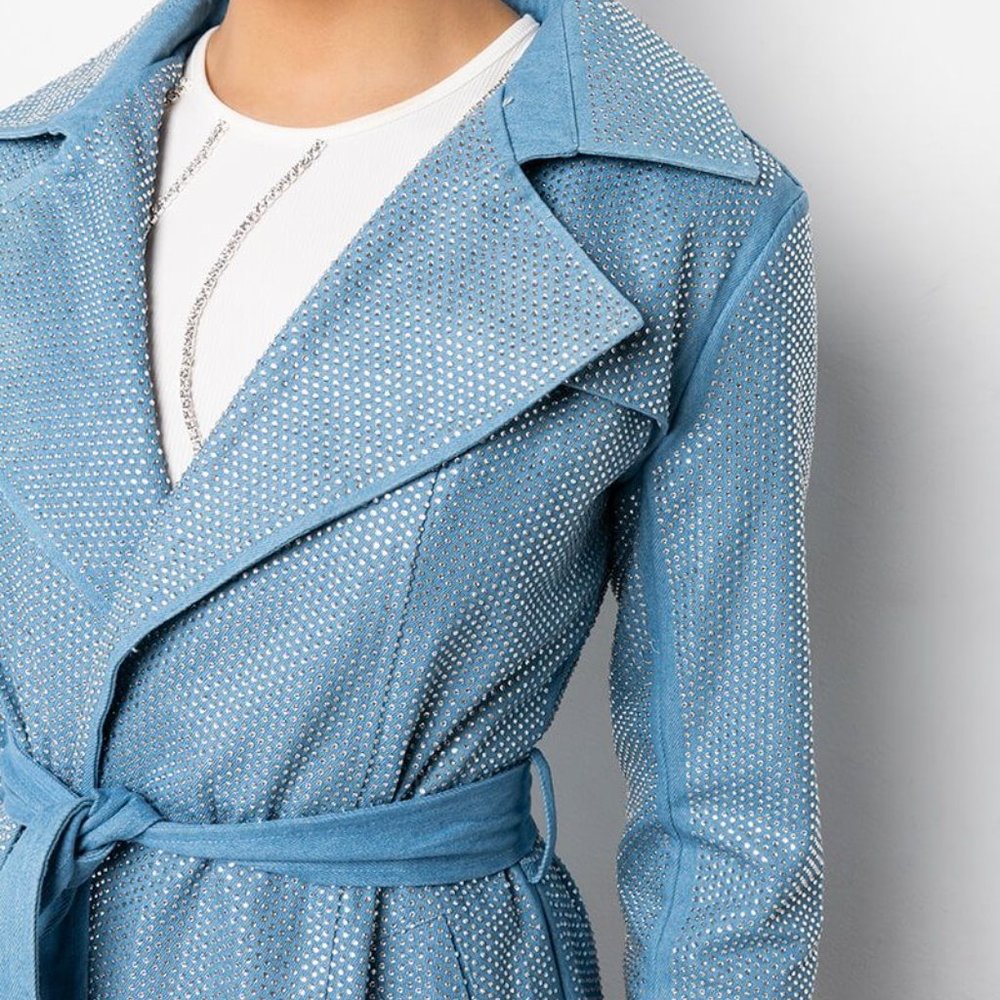 Callie Lives Akira Denim: Rhinestone Midi Trench Coat Light Blue Large